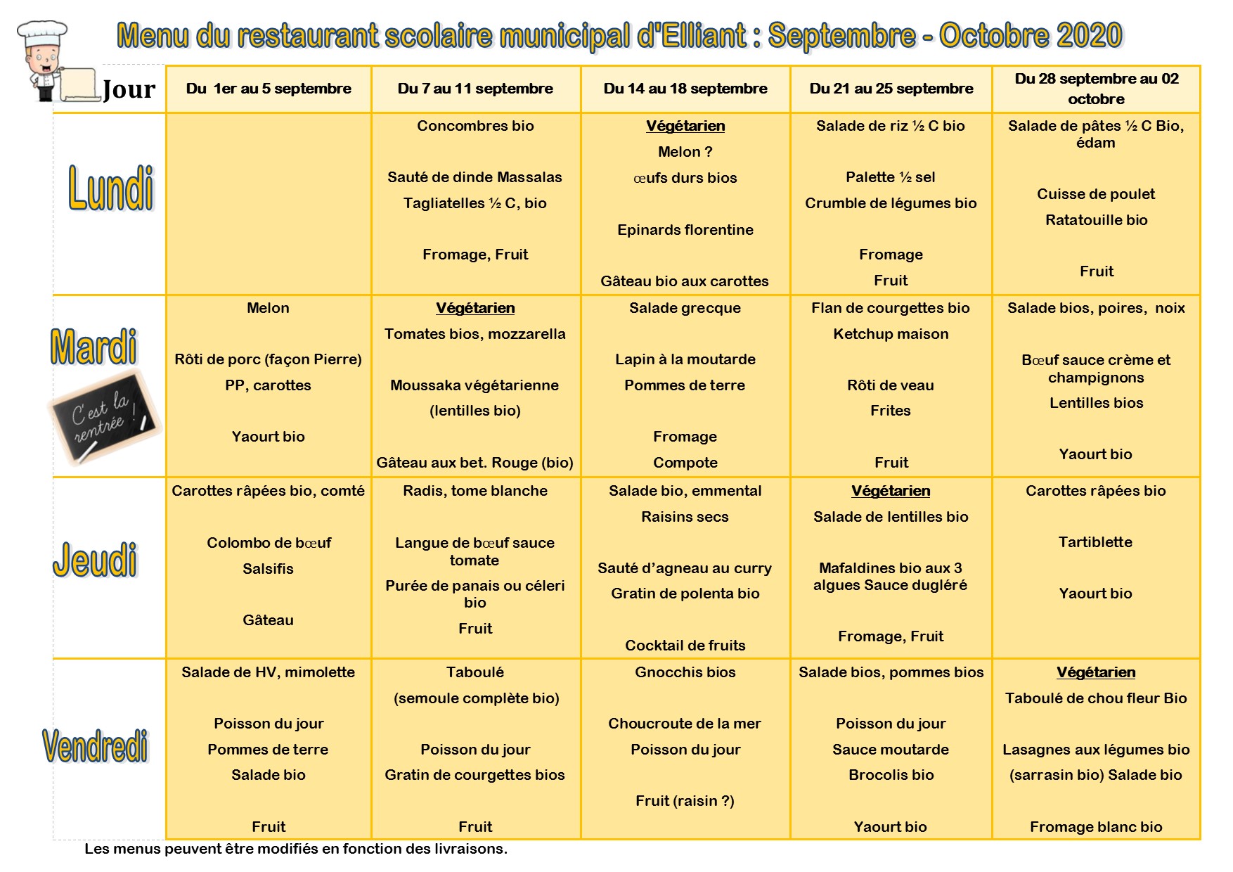 Menus du restaurant scolaire